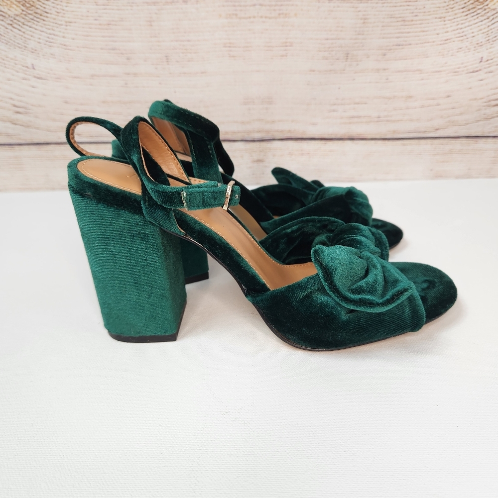 J. Crew Velvet Bow Women's Platform Heels Academic Green Size 7 - Picture 6 of 9